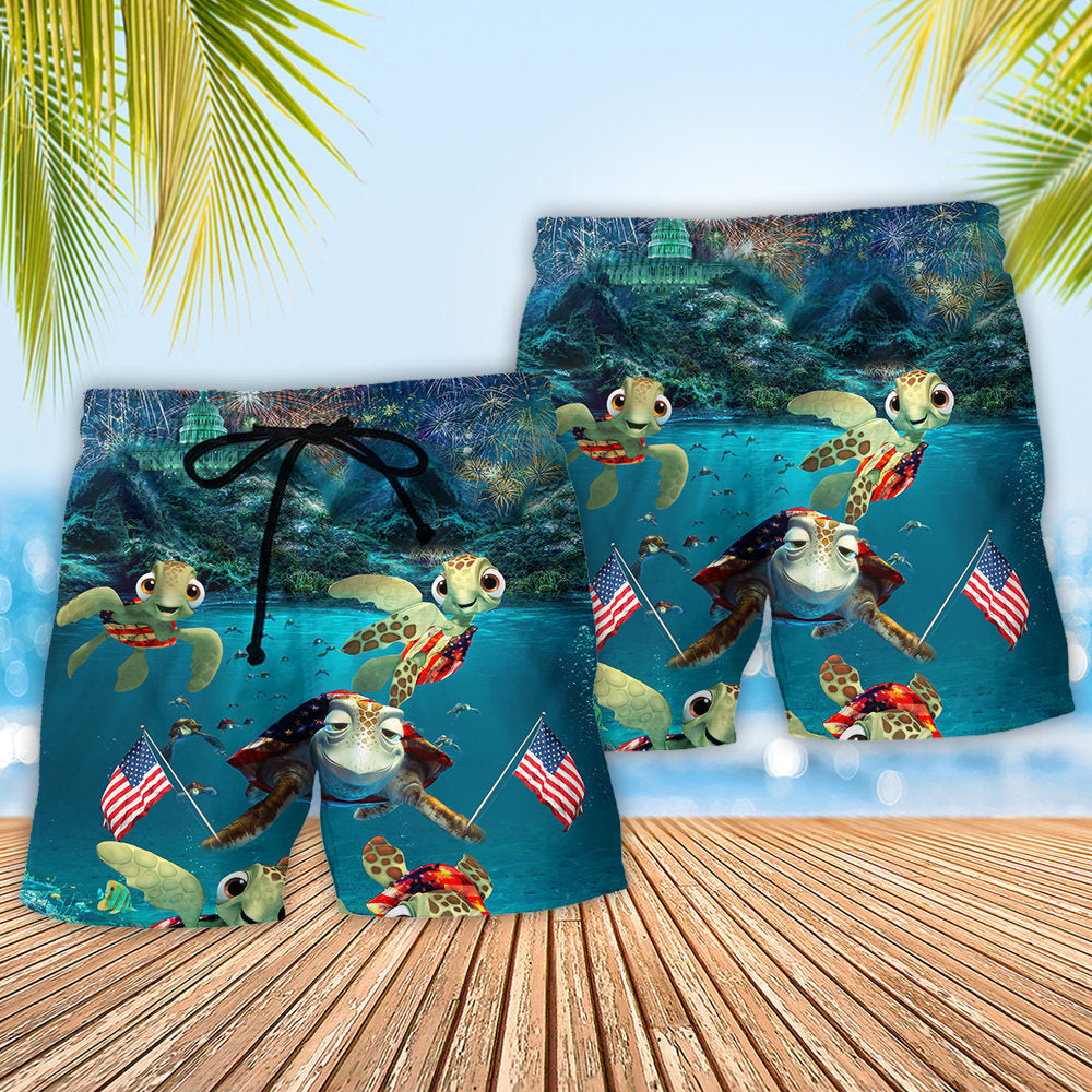 Turtle Underwater Independence Day Celebration Beach Shorts Pattern View For Vacation Travel And Outdoor Fun