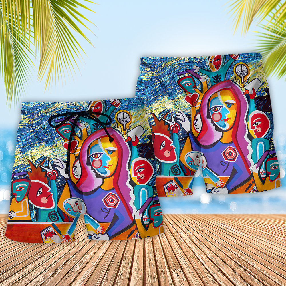 Art Teacher Starry Night Beach Shorts Design View For Poolside Relaxation And Holiday Trips