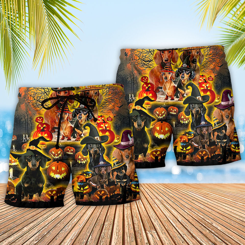 Halloween Night Funny Dachshund Dog Beach Shorts Artwork Detail For Tropical Travel And Everyday Wear