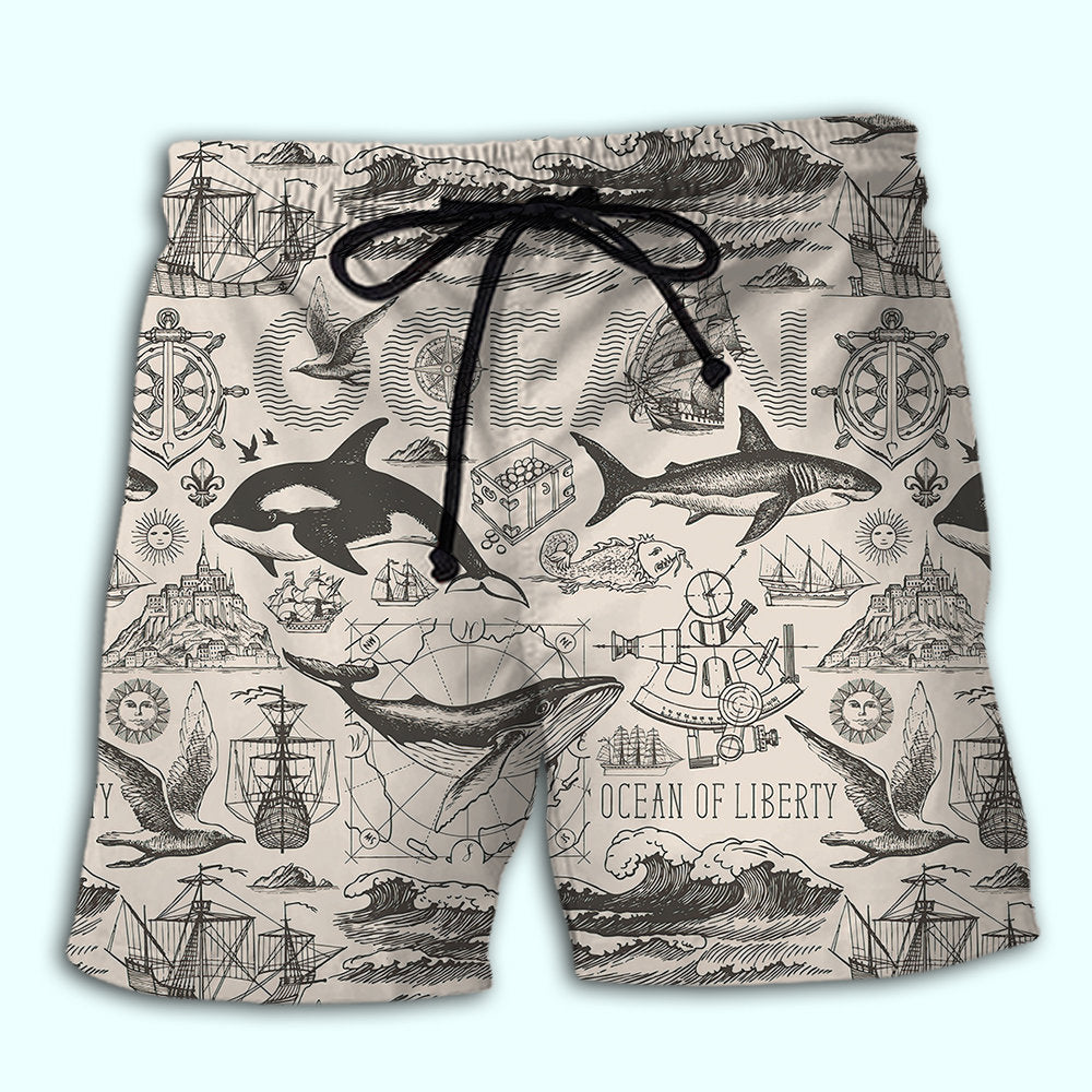 Ocean Of Liberty Vintage Beach Shorts Print Detail For Relaxed Warm Weather Outfits