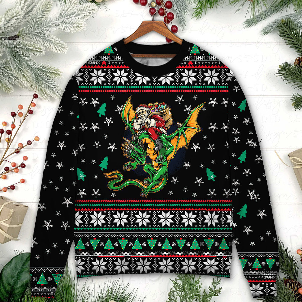 Christmas Santa With Fantasy Dragon Sweater For Festive Parties Family Photos And Comfortable Seasonal Wear