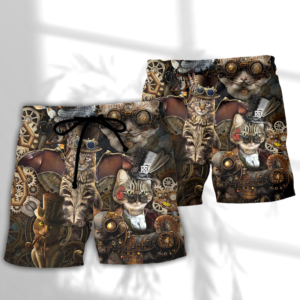 Steampunk Cat Wonderland Quote Beach Shorts Design View For Summer Events And Coastal Getaways