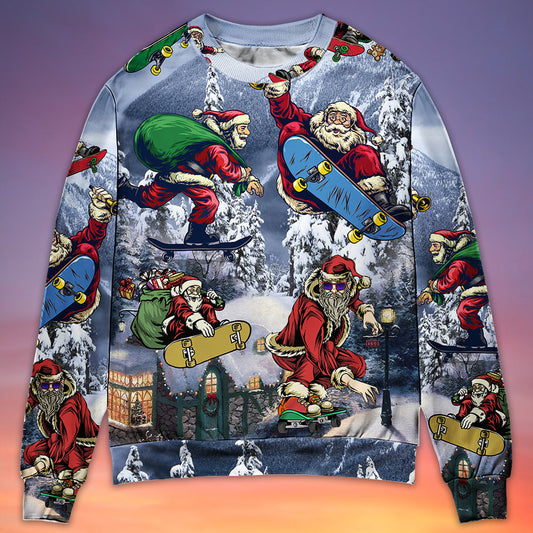 Christmas Santa Skateboarding Snow Mountain Sweater For Festive Events Weekend Outings And Comfortable Winter Style