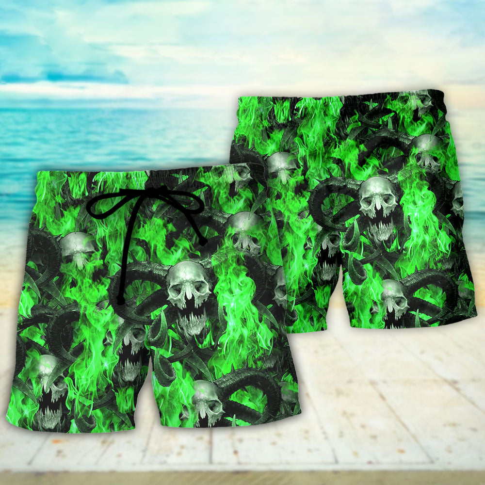 Skull Green Flame Burning Beach Shorts For Sunny Holidays And Comfortable Daily Styling