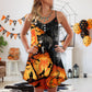 Halloween Wolf Pumpkin Night V-Neck Sleeveless Cami Dress For Festivals Travel And Relaxed Casual Summer Wear