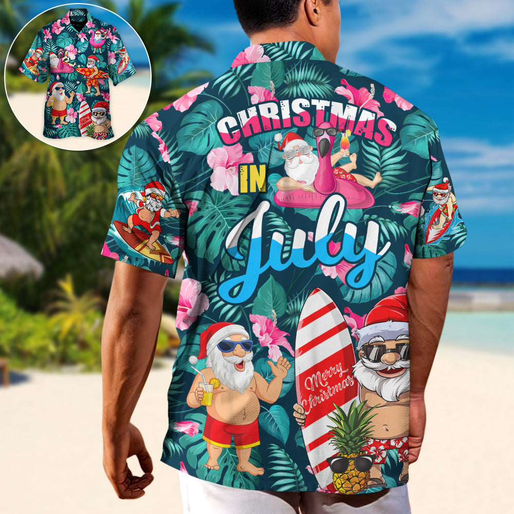Tropical Christmas July Santa Hawaiian Shirt For Christmas Gatherings, Resort Trips, And Cheerful Seasonal Style
