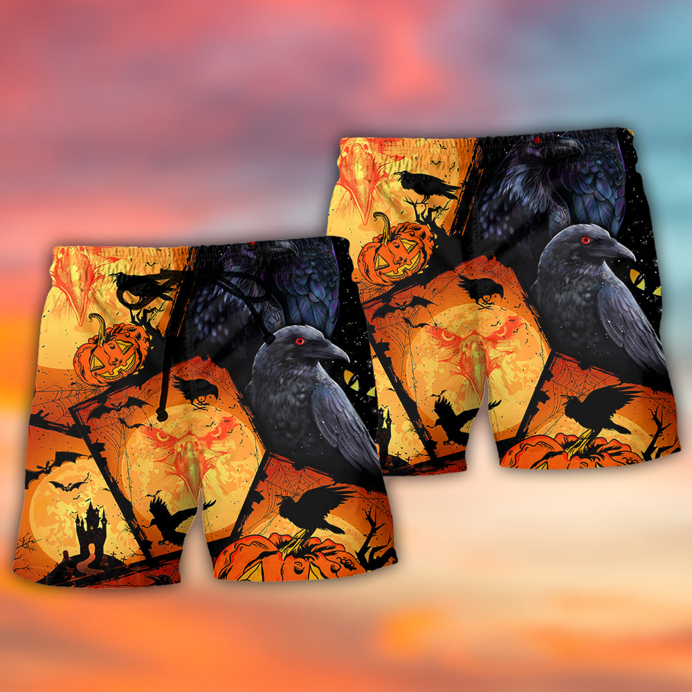 Raven Pumpkin Halloween Beach Shorts Pattern Detail For Vacation Style And Everyday Comfort