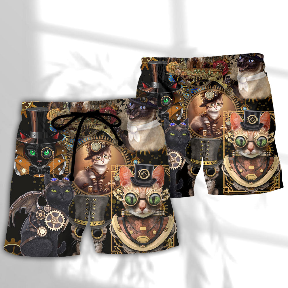 Steampunk Cat Calm Beach Shorts Pattern View For Vacation Travel And Outdoor Fun