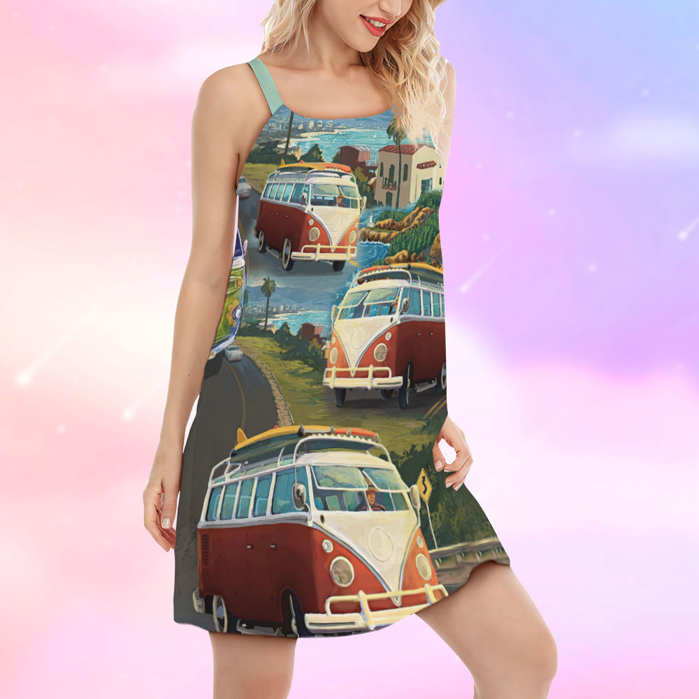 Hippie Van Life Love Beach V-Neck Sleeveless Cami Dress For Beach Travel And Free Spirited Outfits