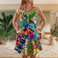Hippie Alien Frogs Peace Love V-Neck Sleeveless Cami Dress For Festivals Vacations And Relaxed Artistic Styling