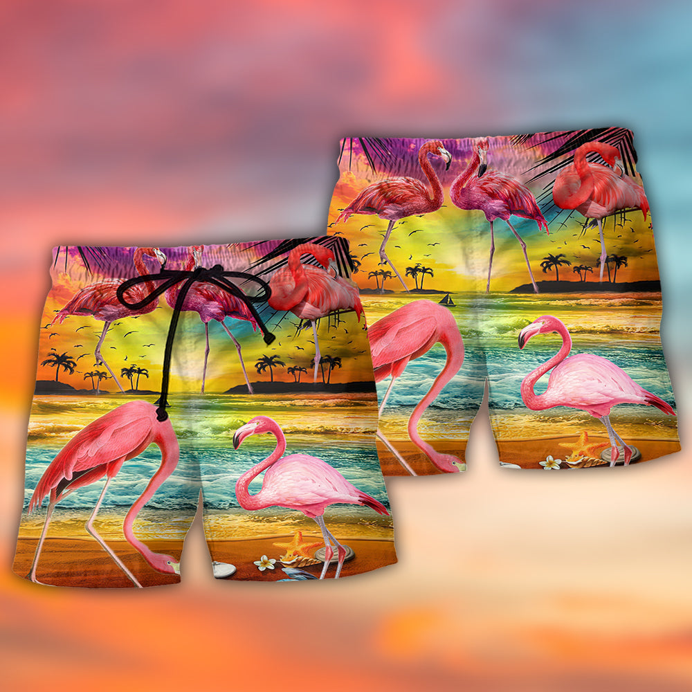 Summer Flamingo Paradise Cool Vibes Beach Shorts Design View For Poolside Relaxation And Holiday Trips