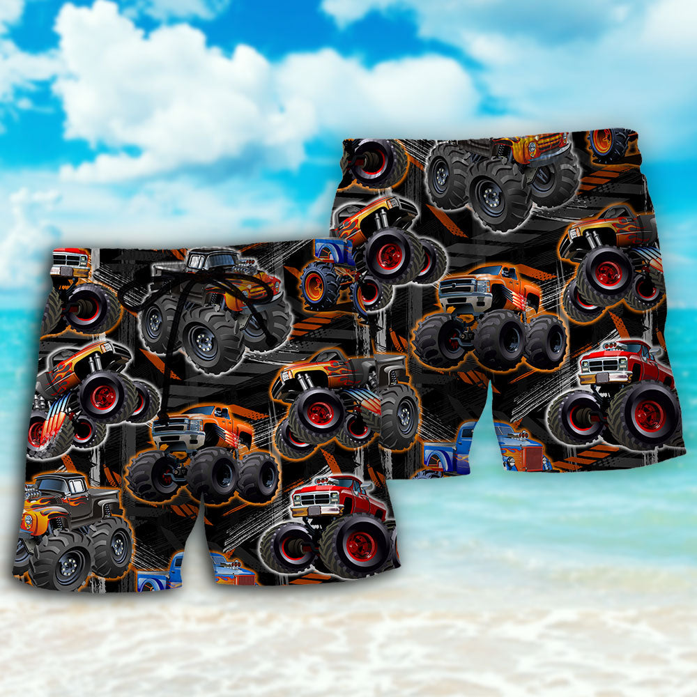 Monster Truck Racing Action Beach Shorts For Summer Vacation And Coastal Travel