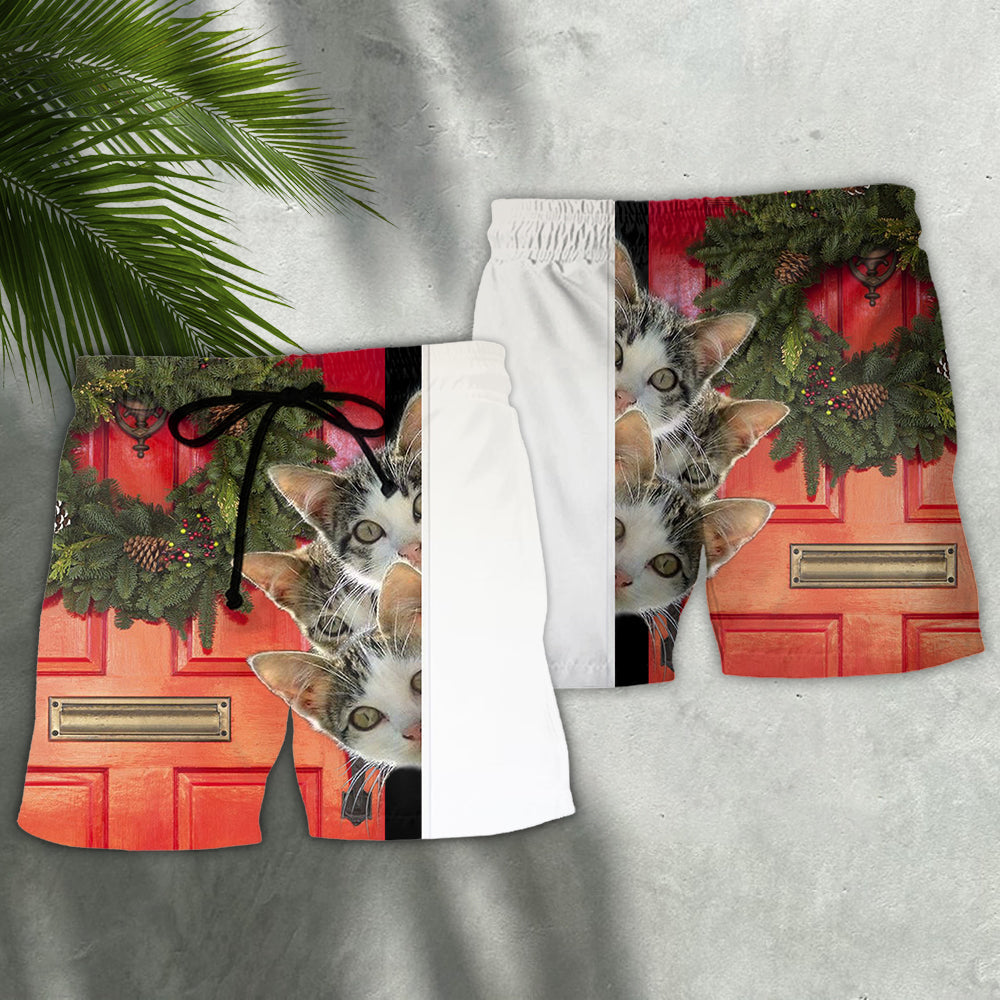 Christmas Cat Holiday Anticipation Beach Shorts Artwork View For Seaside Trips And Casual Style
