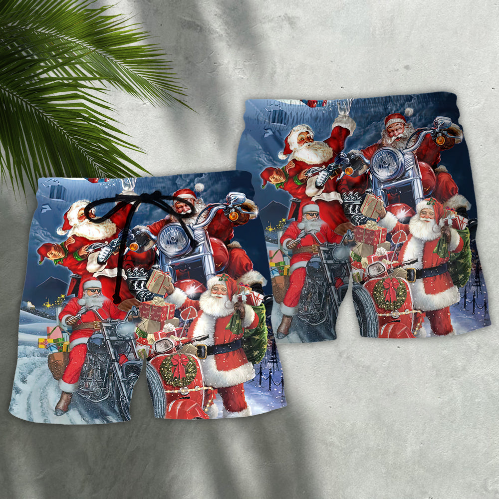 Christmas Santa Motorcycle Humor Beach Shorts Design View For Poolside Relaxation And Holiday Trips