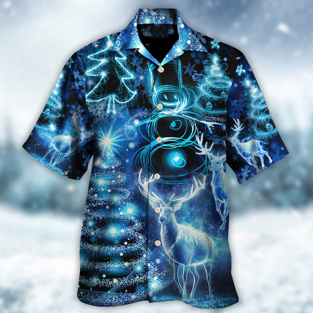 Deer Christmas Snowman Tree Glow Light Hawaiian Shirt For Vacation Days And Relaxed Coastal Outings