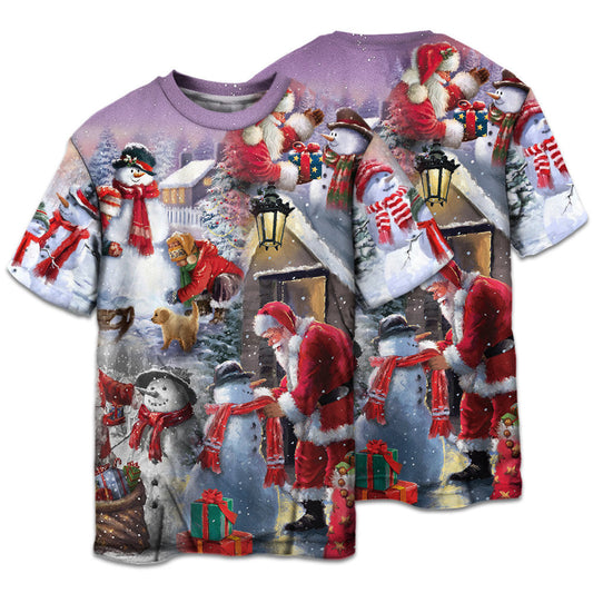 Santa Building A Snowman Gift Short Sleeve Pajamas Set For Festive Sleepovers And Family Photos