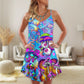 Hippie Mushroom Colorful Cool V-Neck Sleeveless Cami Dress For Festivals Vacations And Relaxed Artistic Styling
