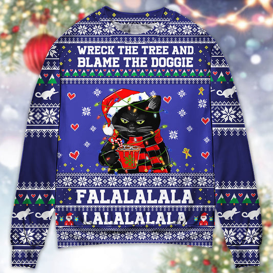 Black Cat Wrecks Tree Funny Holiday Sweater For Holiday Parties Family Gatherings And Seasonal Gift Giving