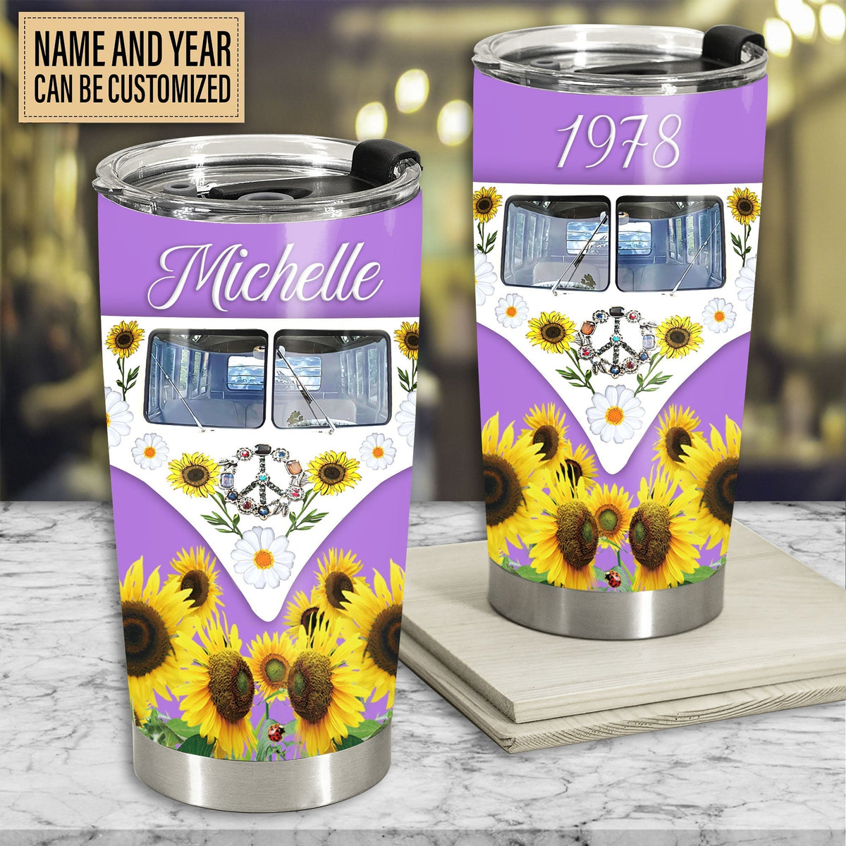 Hippie Van Purple With Sunflower Personalized 20 Oz Tumbler For Coffee Travel And Daily Drinks