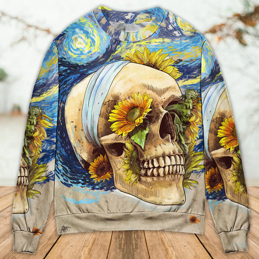 Skull And Sunflower Vintage Starry Night Sweater For Art Lovers Holidays Parties And Comfortable Wear