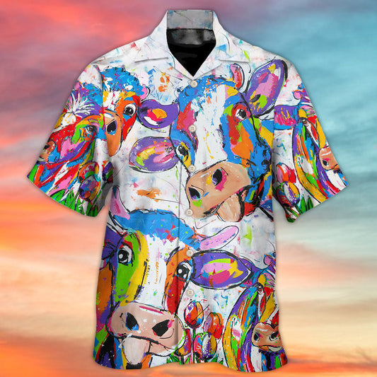Colorful Funny Cow Farm Hawaiian Shirt Graphic Artwork Detail For Weekend Trips