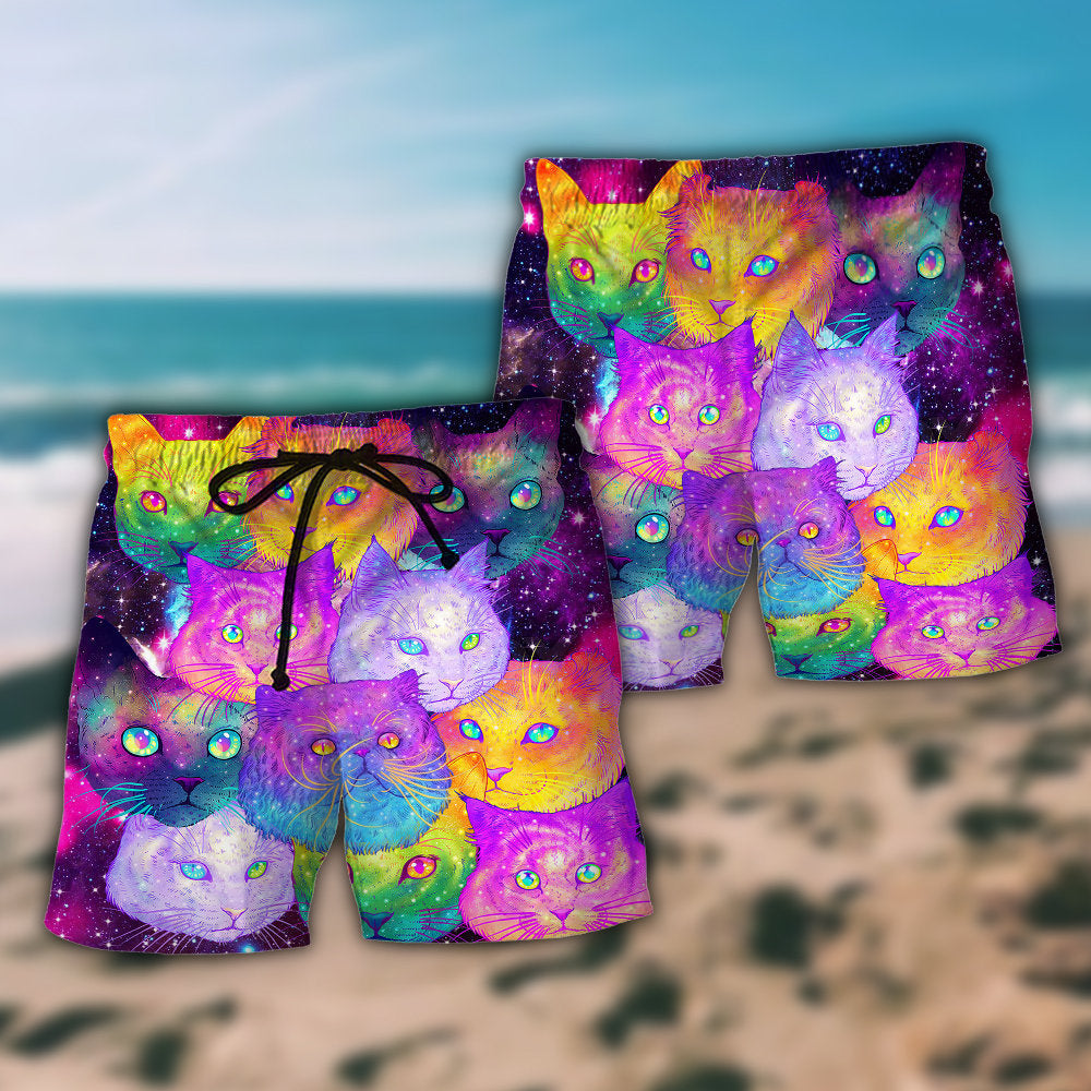 Colorful Galaxy Cat Beach Shorts Pattern Detail For Warm Weather Comfort And Laid Back Daily Wear