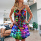 Hippie Alien Peace Colorful V-Neck Sleeveless Cami Dress For Festivals Travel And Relaxed Casual Summer Wear