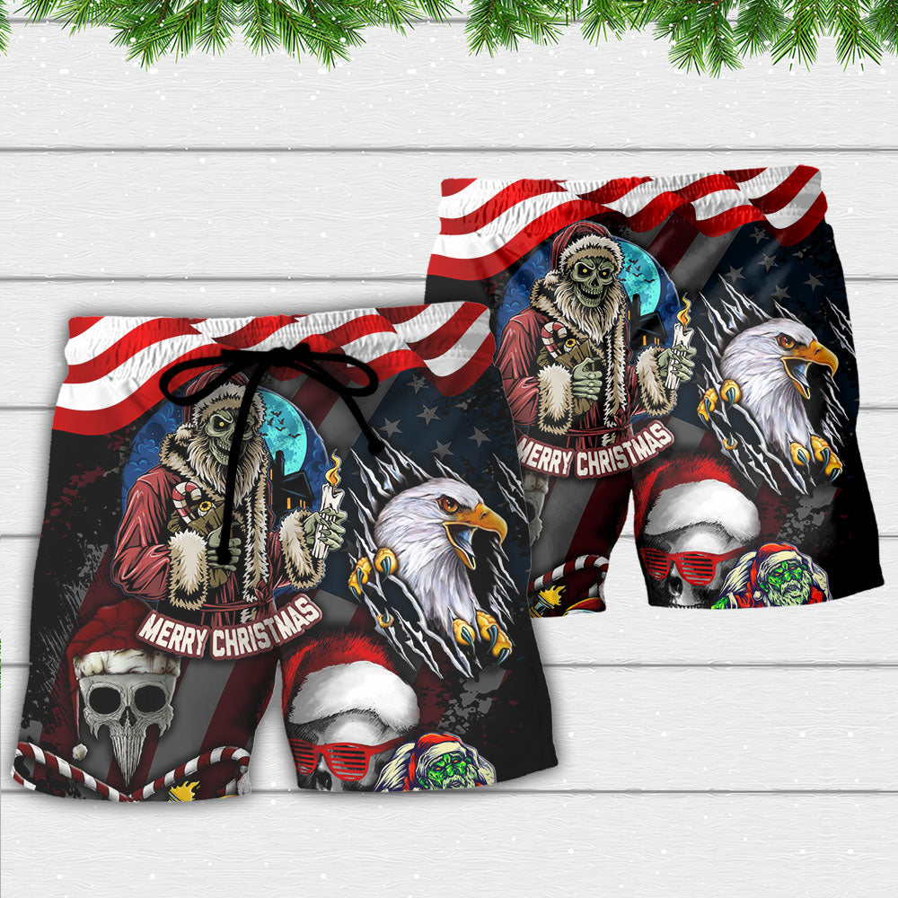 Christmas Skull Eagle Flag Beach Shorts Print Detail For Beach Activities And Vacation Wear