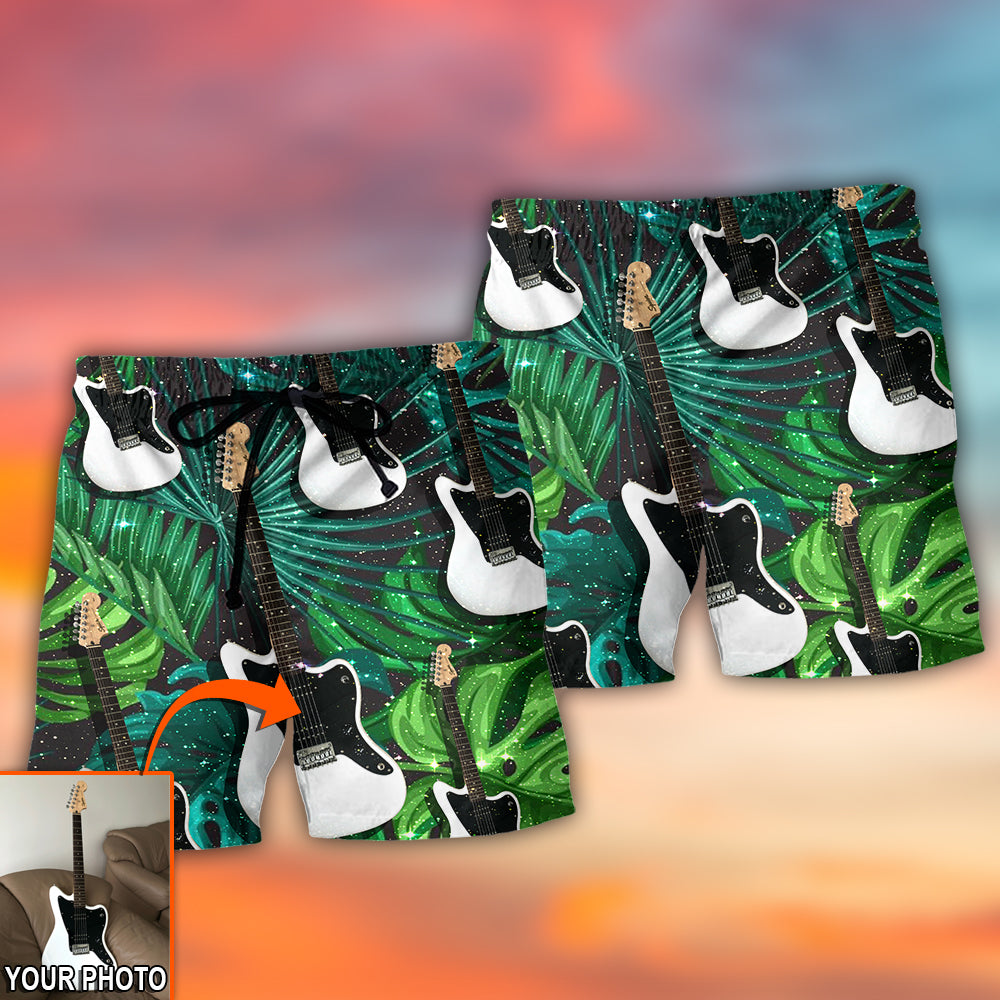 Guitar Various Style Tropical Floral Personalized Photo Beach Shorts Artwork Detail For Comfortable Everyday Summer Wear