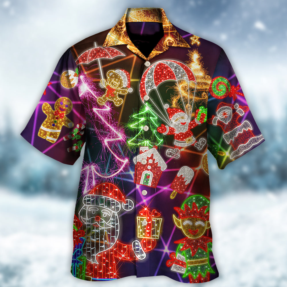 Funny Neon Christmas Tree Elf Gingerbread Light Hawaiian Shirt For Warm Weather Adventures And Everyday Comfort