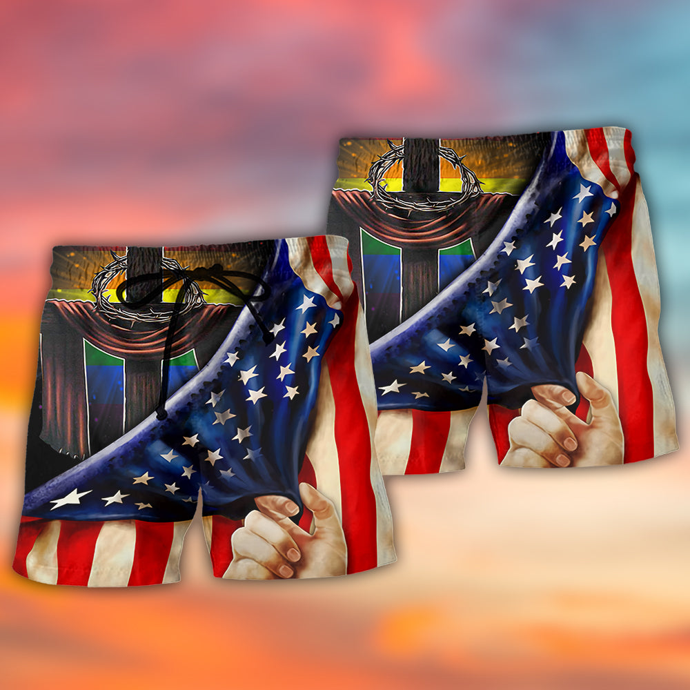 LGBT Flag Cross Independence Day Lighting Beach Shorts Artwork Detail For Comfortable Everyday Summer Wear