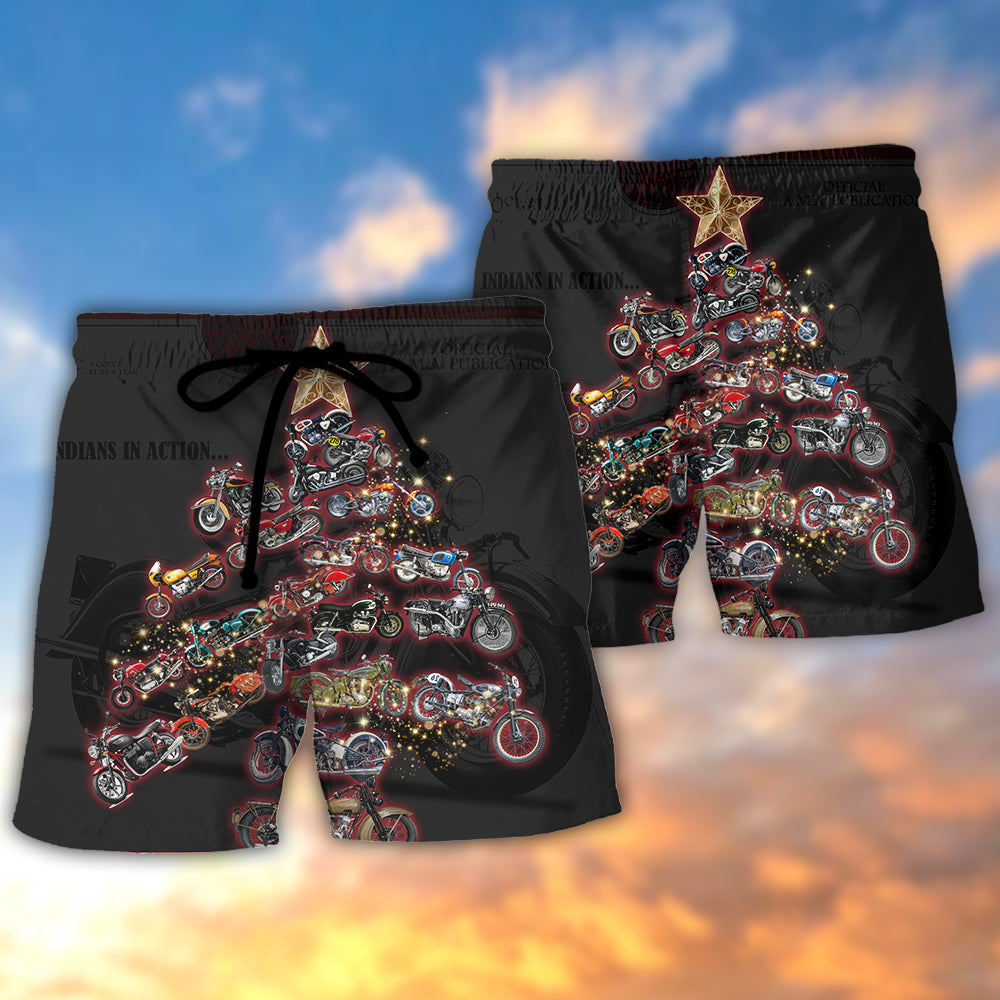 Christmas Motorcycle Tree Retro Holiday Beach Shorts Pattern View For Resort Days And Outdoor Activities