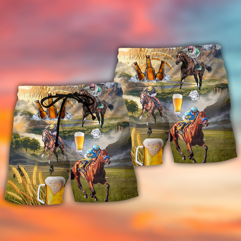 Beer And Horse Racing Beach Shorts Design Detail For Resort And Beach Day Style