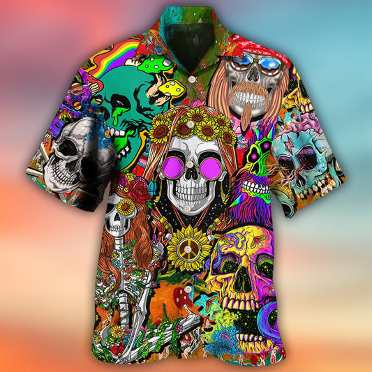 Psychedelic Colorful Hippie Skull Hawaiian Shirt Pattern Detail For Beach Days