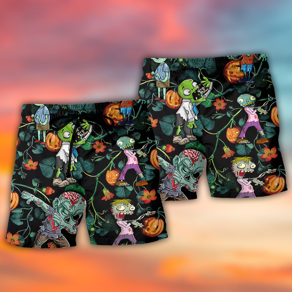 Halloween Zombie Tropical Pumpkin Beach Shorts Pattern Detail For Leisure Travel And Distinctive Seasonal Style