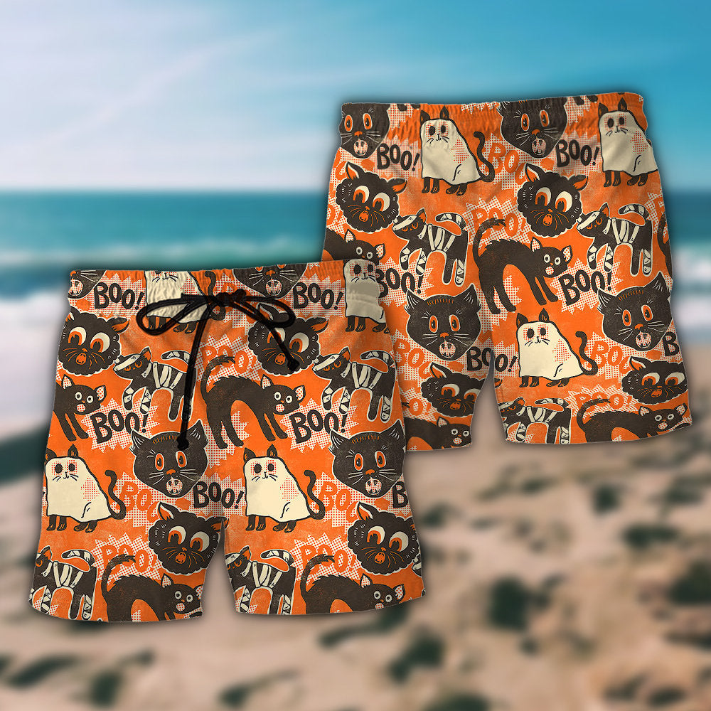 Halloween Scaredy Cat Spooktacular Orange Beach Shorts Pattern Detail For Resort Wear And Everyday Comfort
