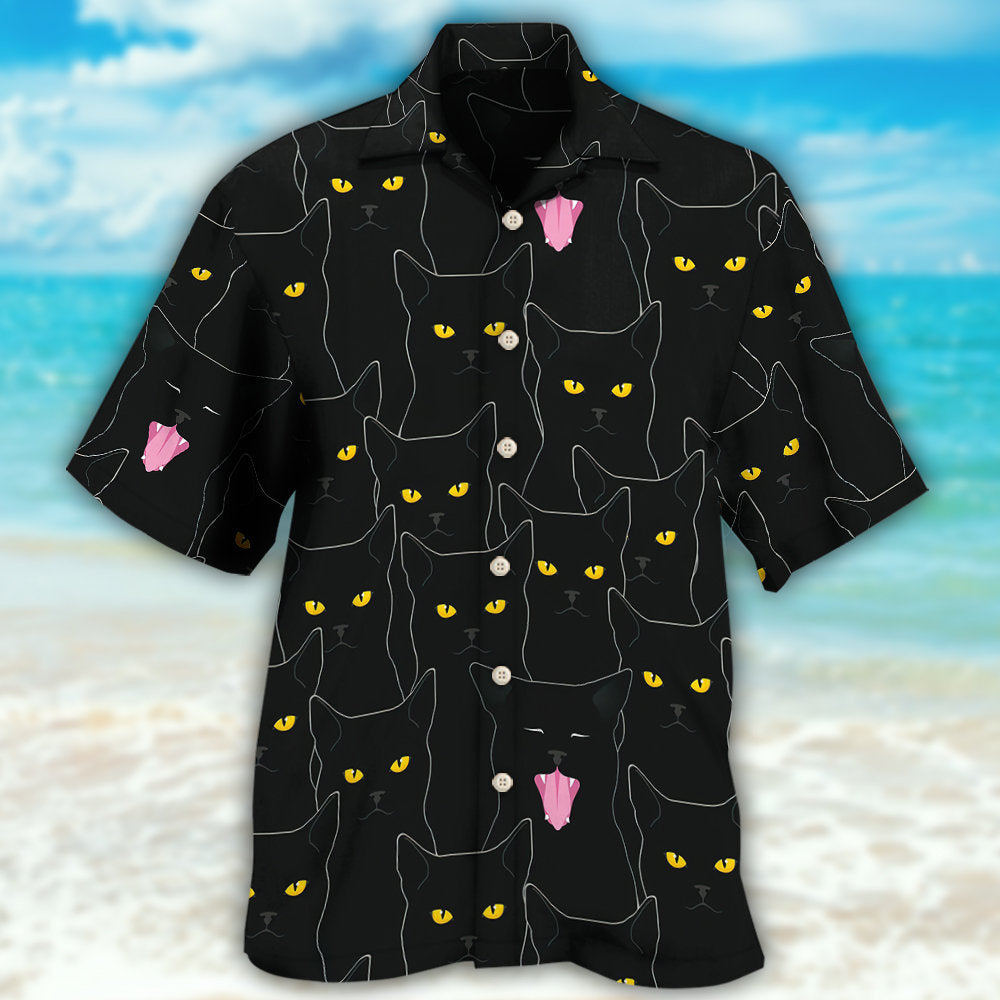 Cute Black Cat Portrait Hawaiian Shirt Front Pattern View For Summer Travel