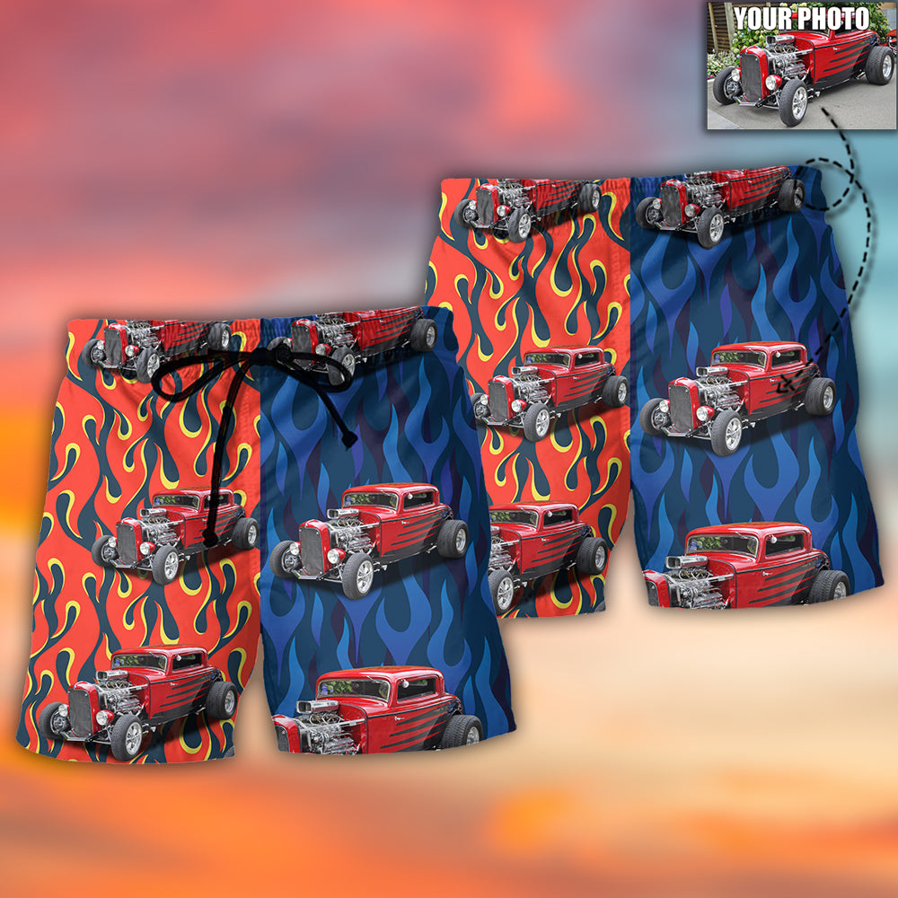 Hot Rod Lover Various Style Personalized Photo Beach Shorts For Beach Trips And Relaxed Vacation Styling