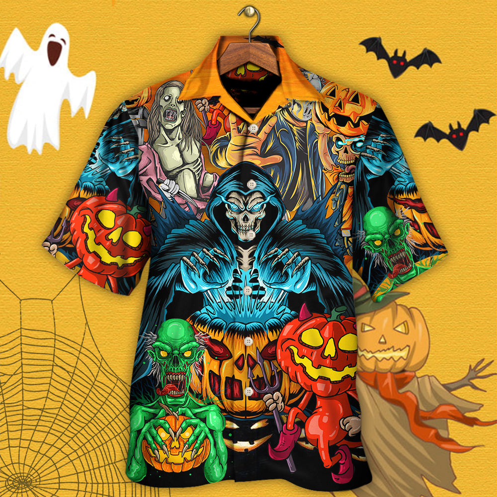 Skull Halloween Scary Pumpkin Horror Hawaiian Shirt Design Detail For Sunny Adventures And Casual Wear