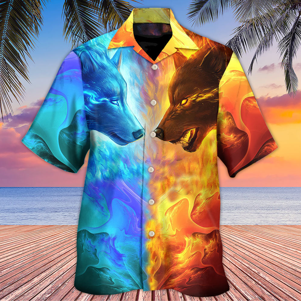 Fantasy Wolf Couple Fire Energy Hawaiian Shirt Creative Print View For Island Holidays