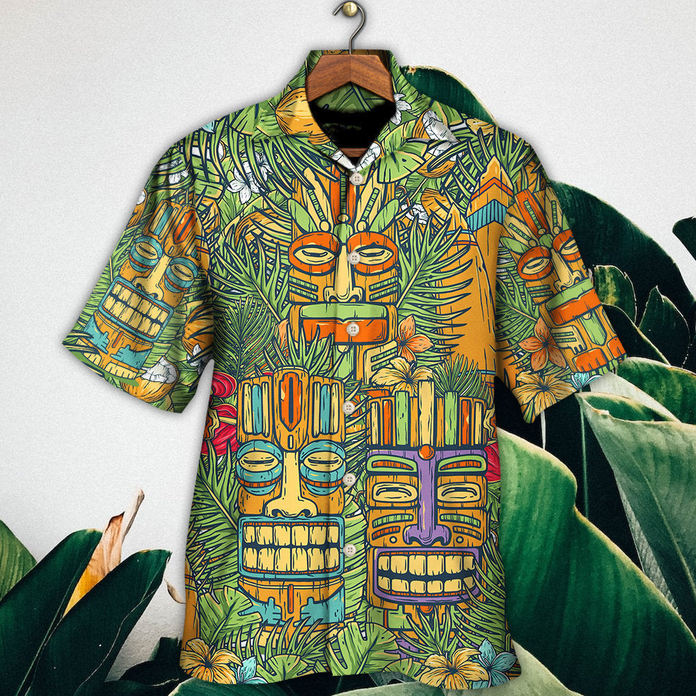 Tropical Tiki Mask Island Sur Board Palm Hawaiian Shirt Pattern Detail For Vacation Travel And Daily Wear