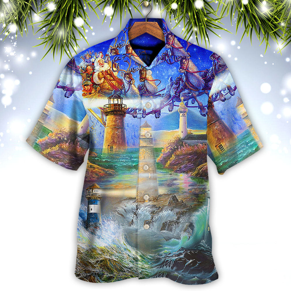 Lighthouse Christmas Shine Light Storm Darkness Hawaiian Shirt Artwork Detail For Tropical Trips And Casual Outings