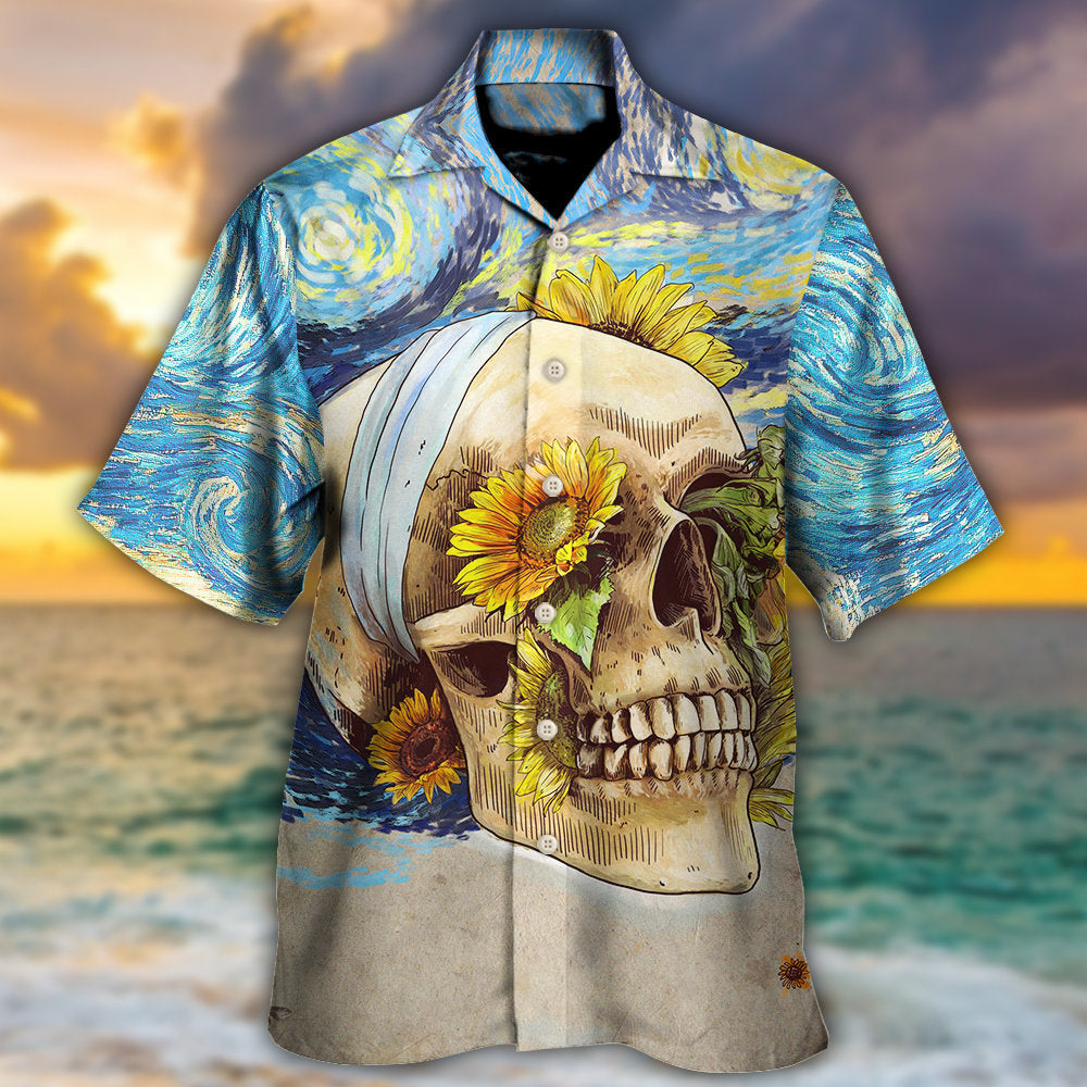 Vintage Skull Sunflower Amazing Starry Night Hawaiian Shirt Artwork Detail For Resort Trips And Outdoor Activities