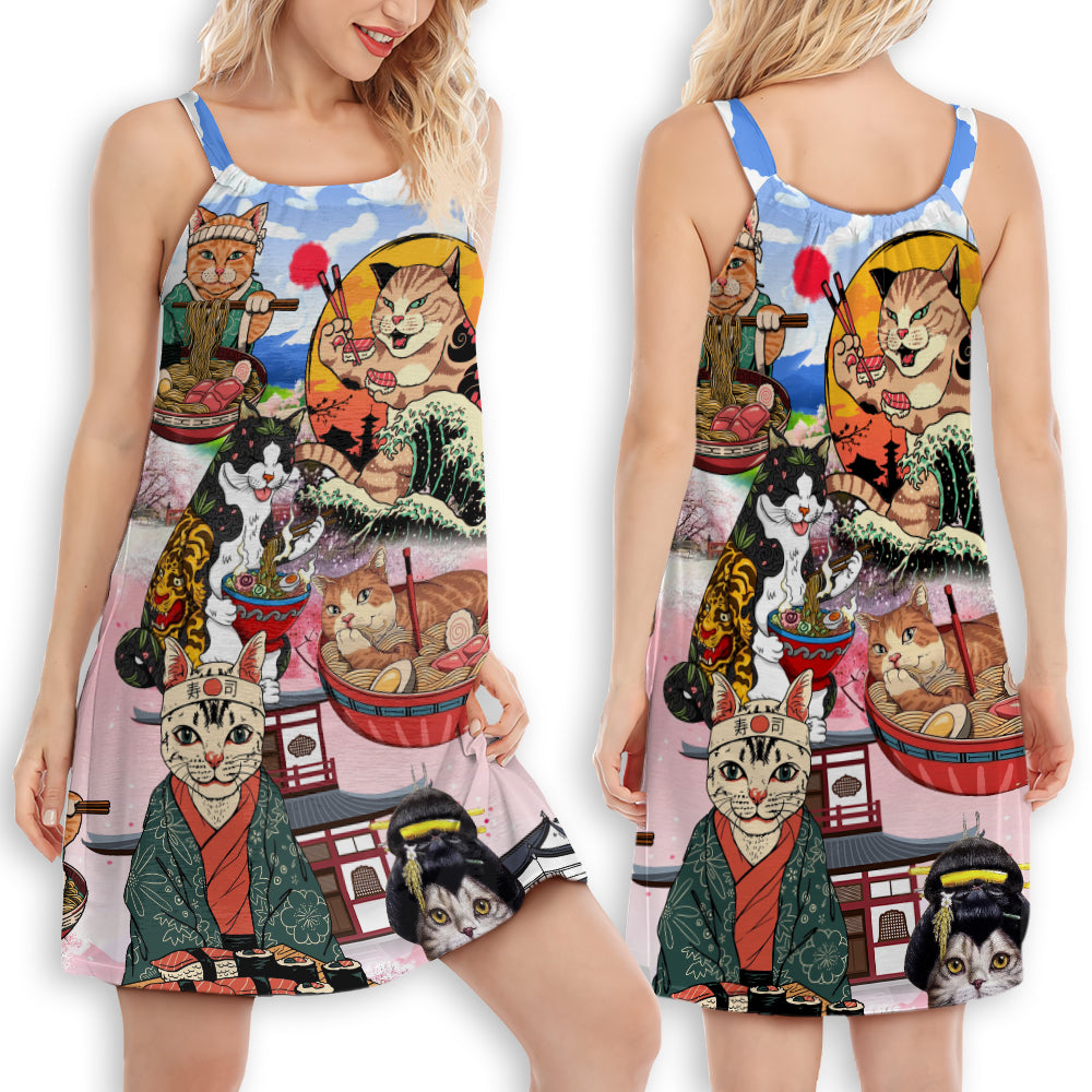 Cat Samurai Ramen V-Neck Sleeveless Cami Dress For Travel And Comfortable Summer Styling