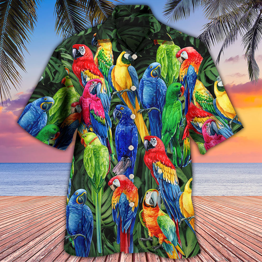 Colorful Tropical Parrot Family Hawaiian Shirt Print Closeup For Island Holidays