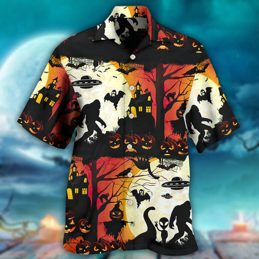 Halloween Bigfoot Ufo Hawaiian Shirt Front Pattern View For Casual Outings