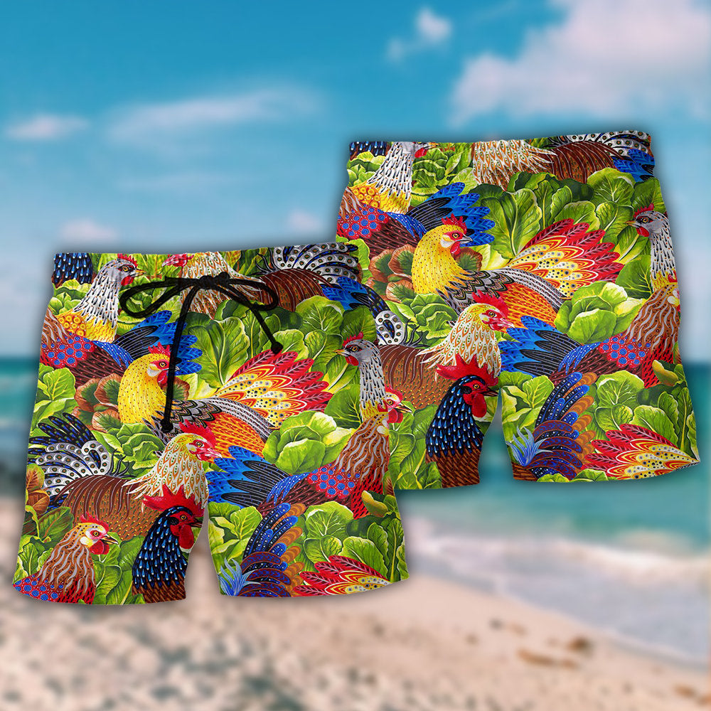 Colorful Chicken Family Lover Farm Beach Shorts Pattern View For Resort Days And Outdoor Activities