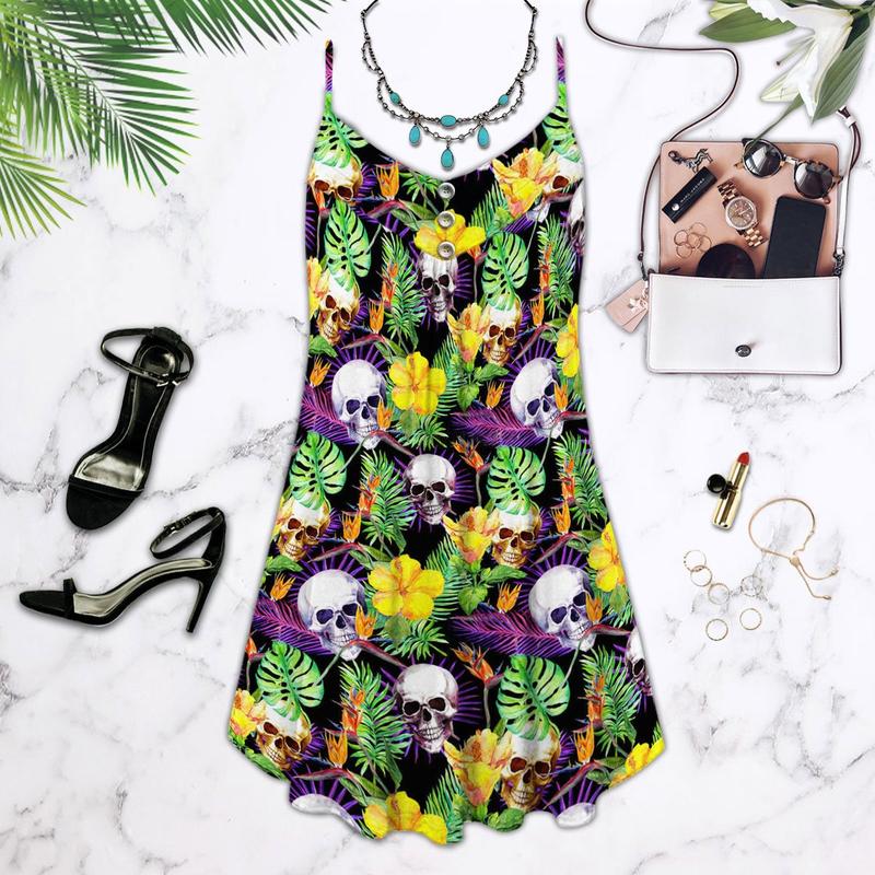 Skull Flowers Tropical V-Neck Sleeveless Cami Dress For Alternative Festivals And Bold Summer Style