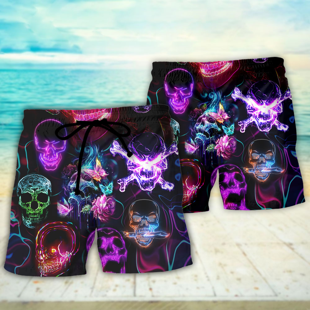 Neon Skull Happy Holiday Beach Shorts For Beach Trips And Relaxed Vacation Styling