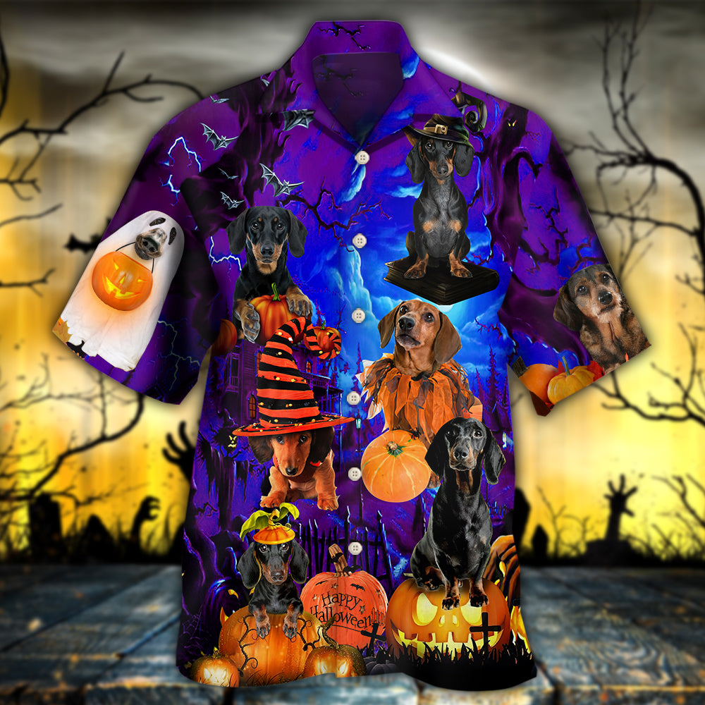 Halloween Dachshund Witch Hawaiian Shirt Design View For Casual Summer Styling
